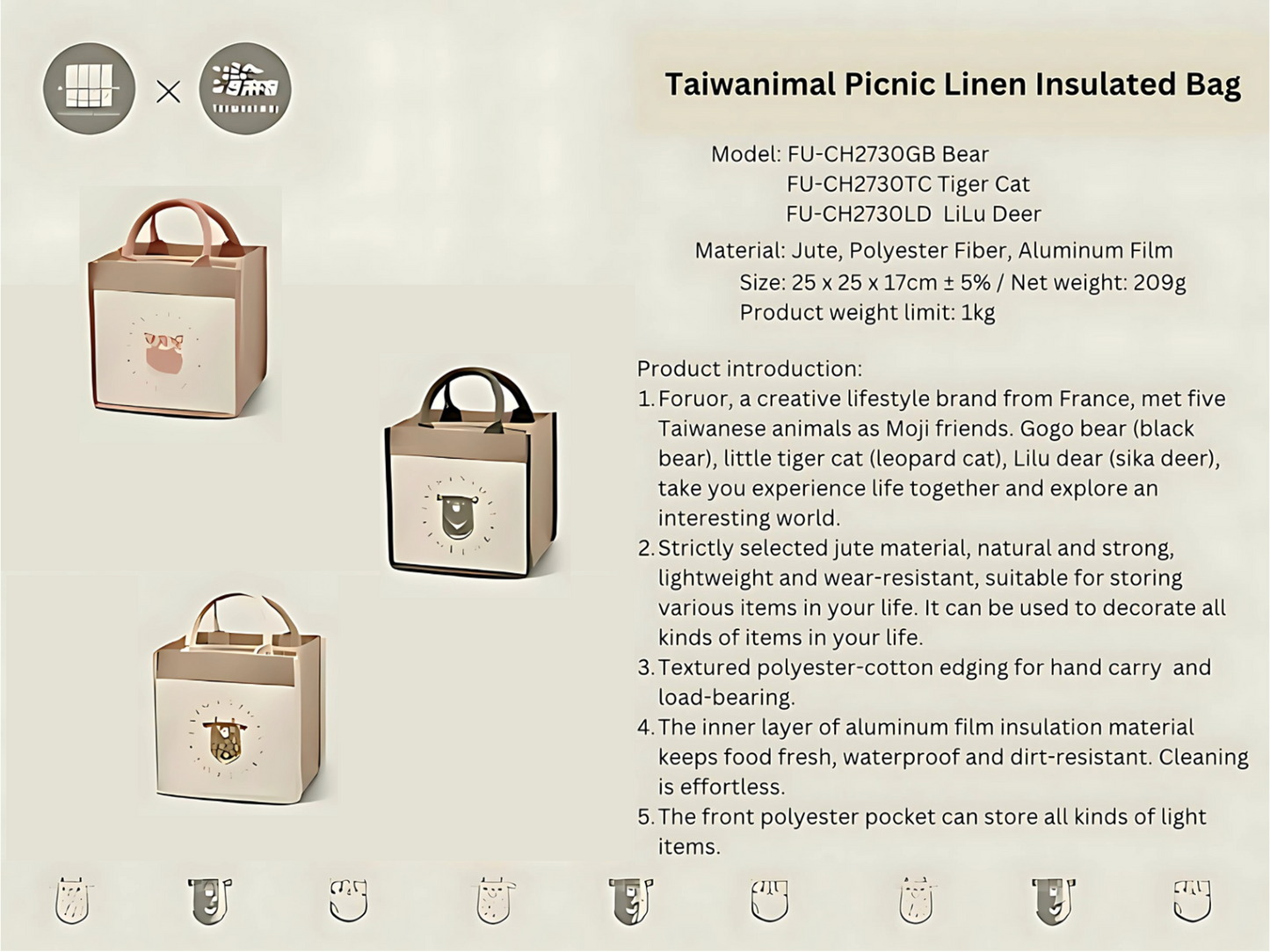 FORUOR Taiwanimal Picnic Linen Insulated Bag